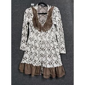 RYU Dress Rosettes Sheer Embroidered Lace Ruffle Boho Cottage Womens S Brown